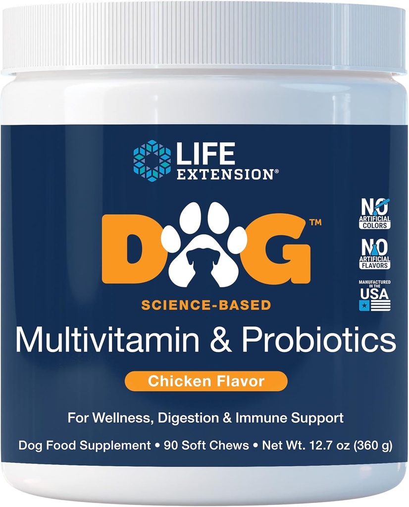 생명 연장 개 Multivitamin & Probiotics - 전반적인 건강, 소화 및 면역 지원을위한 개 식품 보충 - 비타민, Probiotic Blend, Colostrum (Bovine) - 90 소프트 체스