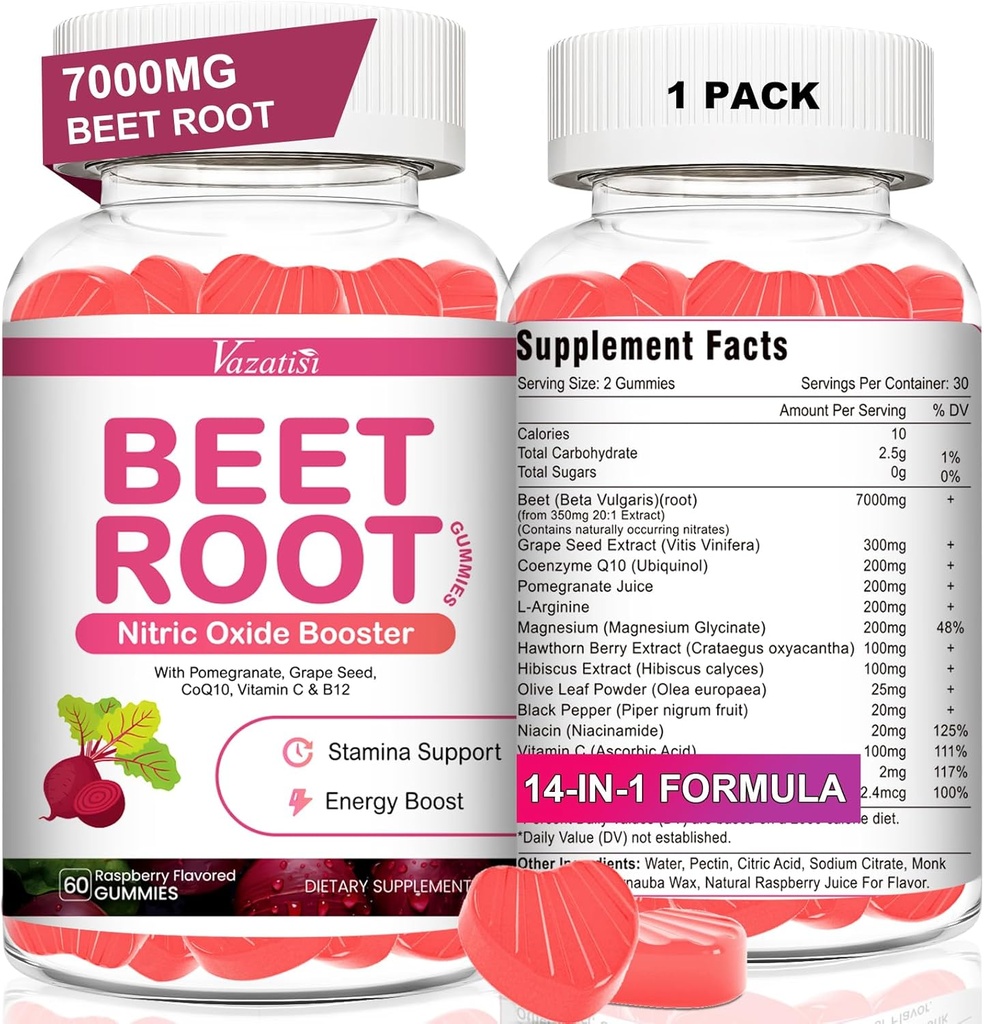 Bet Root Gummys - Nitric Oxide Beet Gummys 用于流通支持,Nitric Oxide 生产 - 与葡萄种子,Hawthorn Berry, Hibiscus,有机,非GMO, 60 Gummys.
