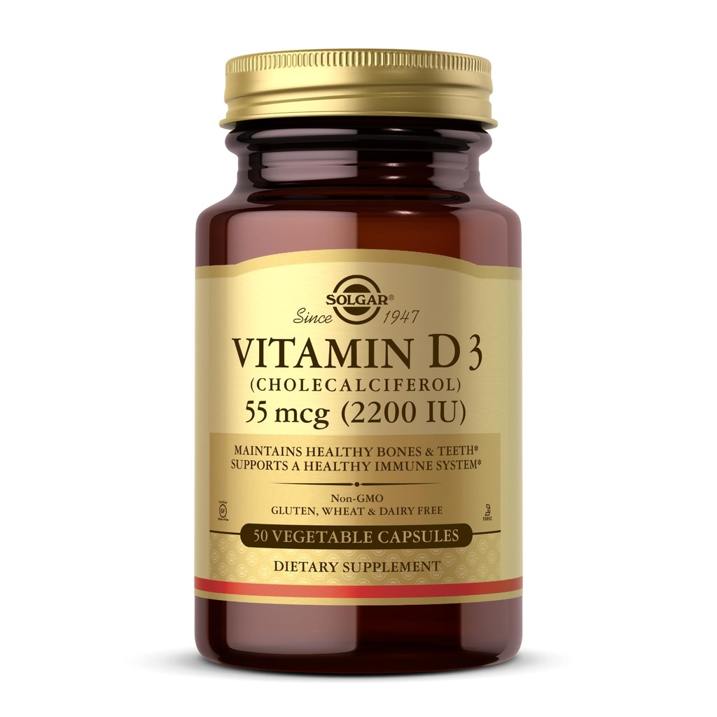 Solgar Vitamin D3 (Cholecalciferol) 55 mcg (2200 IU), 50 Vegetable Capsules - Helps Maintain Healthy Bones & Teeth - Immune System Support - Non-GMO, Gluten Free, Dairy Free, Kosher - 50 Servings