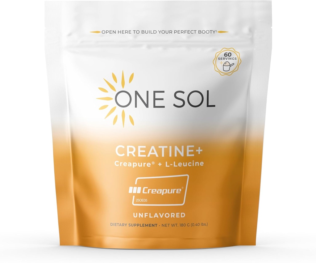 One Sol Creatine for Women Booty Gain, All Natural Women’s Creatine Powder w Creapure & Leucine, Increase Lean Muscle Mass, Reduce Recovery Time, Promotes Brain & Bone Health (Unflavored, 60 Servings)
