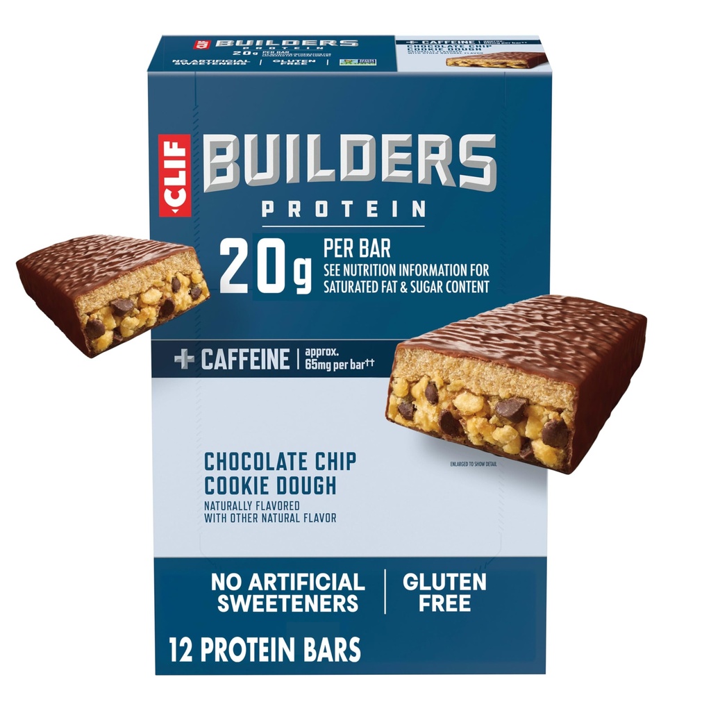 CLIF BUILDERS + Caffeine Protein Bars - Chocolate Chip Cookie Dough Flavor - 20g Plant Based Protein - Gluten Free - Non-GMO - Low Glycemic - No Artificial Sweeteners - 2.4 oz. (12 Pack)