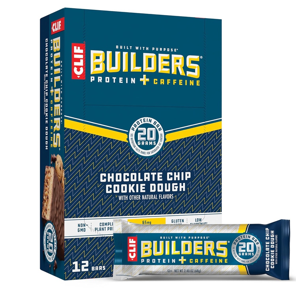 CLIF BUILDERS + kofeīns Olbaltumvielas Bars - Šokolādes Chip Cookie Dow Flavor - 20g Augu izcelsmes proteīns - bez lipekļa - ne- GMO - ar zemu glicemic - bez mākslīgiem saldinātājiem - 2,4 oz. (12 iepakojumā)
