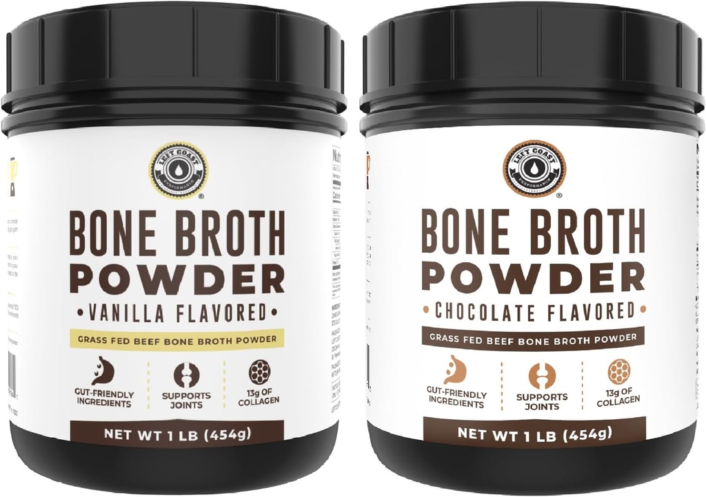Left Coast Performance Vanilla Bone Broth Protein Powder, 16oz + Chocolate Bone Broth Protein Powder 16oz