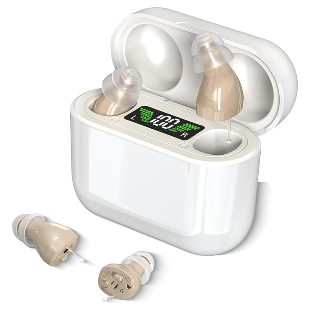 Long-Lasting 충전 케이스와 보청기를 보청기, 스마트 노이즈 취소, 완전-In-Canal Hearing Aid 장치, Easy Control (Beige)로 선임을위한 보이지 않는 보청기