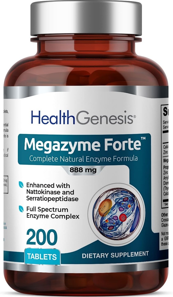 Megazyme Forte 200 Tablets - Natural Plant Proteolytic Enzymes Nattozimes Serrazimes Soportes Digestive System Immune Health