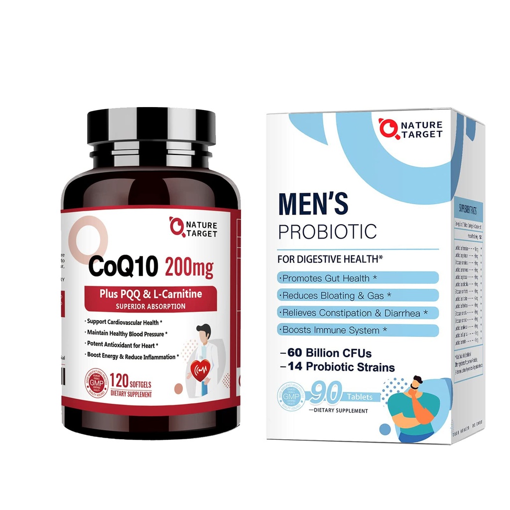 NATURE TARGET Probiotics for Men 60 Billion CFUs14 Strains & CoQ10-200mg with PQQ L-Carnitine & Omega-3s