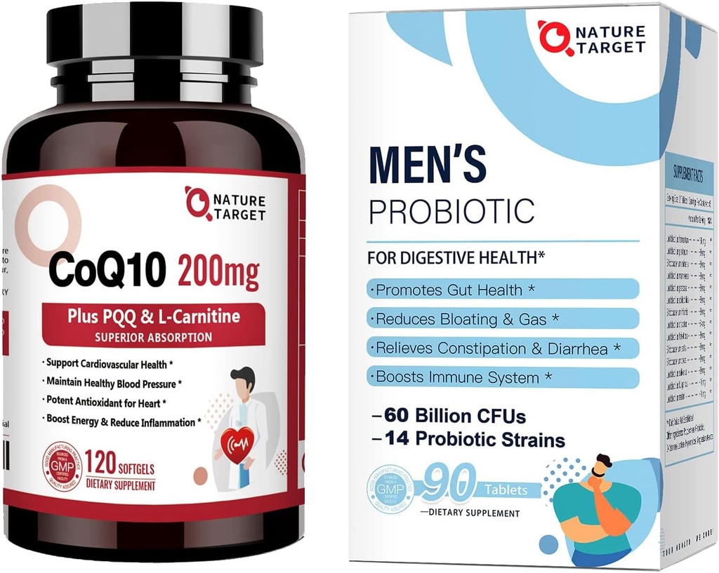 NATURE TARGET Probiotika for menn 60 milliarder CFUs14 Strains & CoQ12-200mg med PQQ L-karnitin & Omega-3s