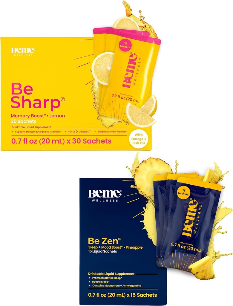 BeMe BeSharp & BeZen Bundle - Omega-3 lichid și glicinate de magneziu L-Theanine Suplimente