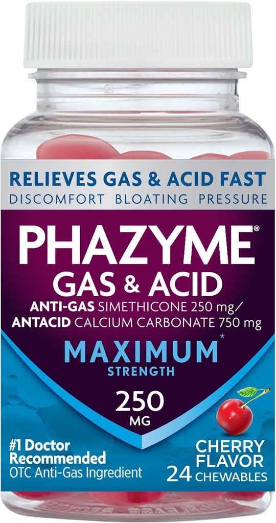 Phazyme Maximum Strength Gas & Acid Relief, Works Fast, Cherry Flavor, 24 Chews (Maiatzaren Vary)