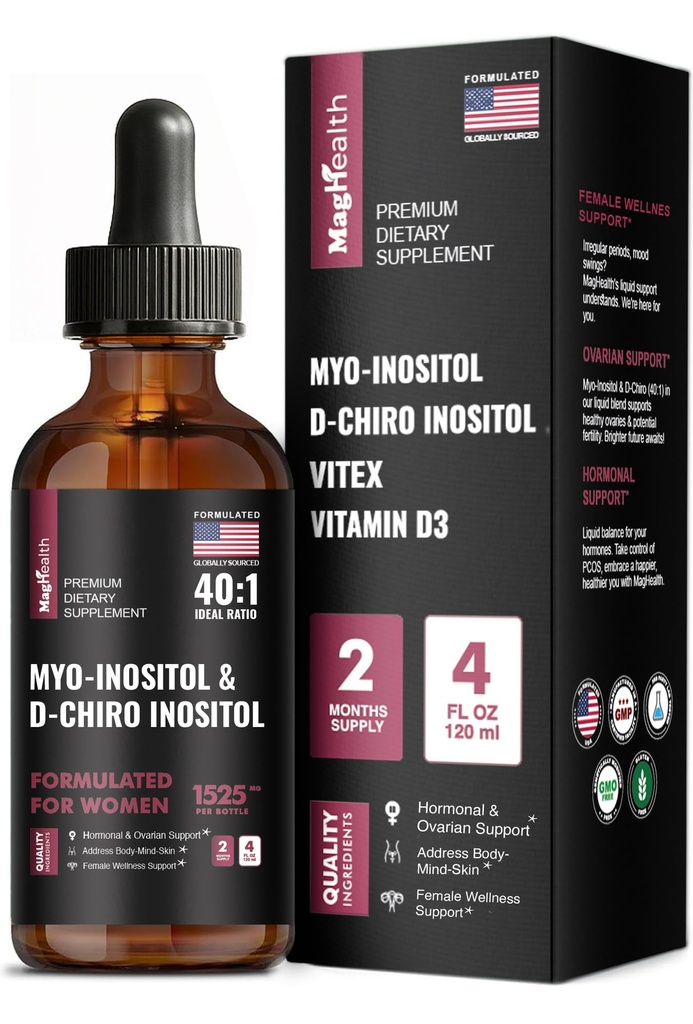 Myo-Inositol & D-Chiro Inositol Liquid Drops for Women | 40:1 Ratio | Hormone Balance & Cycle Support | Vitex + Vitamin D3 | 4 Fl Oz (2-Month Supply)