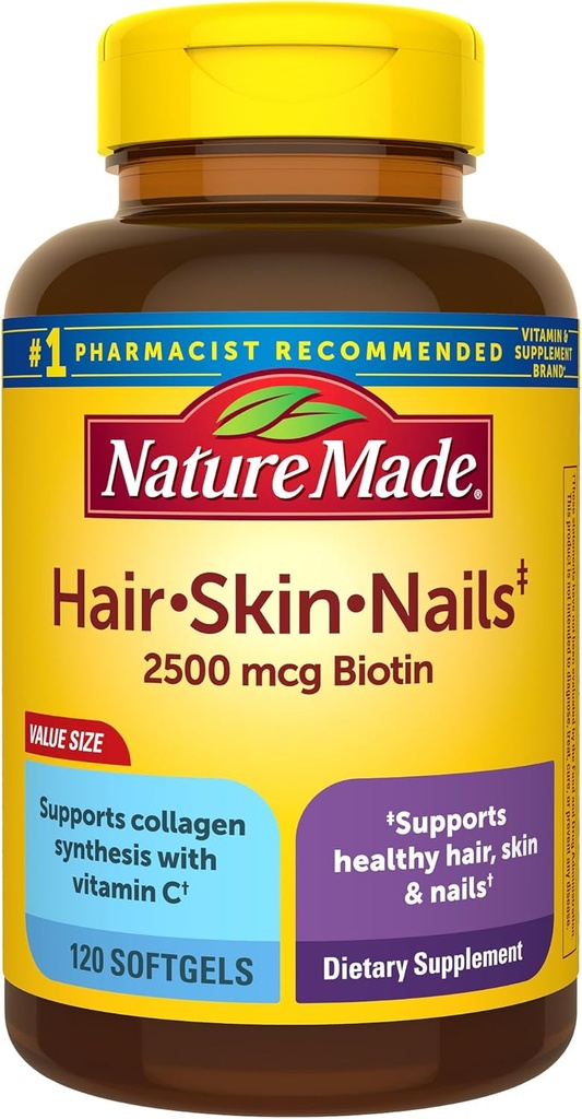 Nature Made Hair Skin and Nails with Biotin 2500 mcg, Dietary Supplement for Healthy Hair Skin and Nails Dupport, 120 Softgels, 120 Day Suppply
