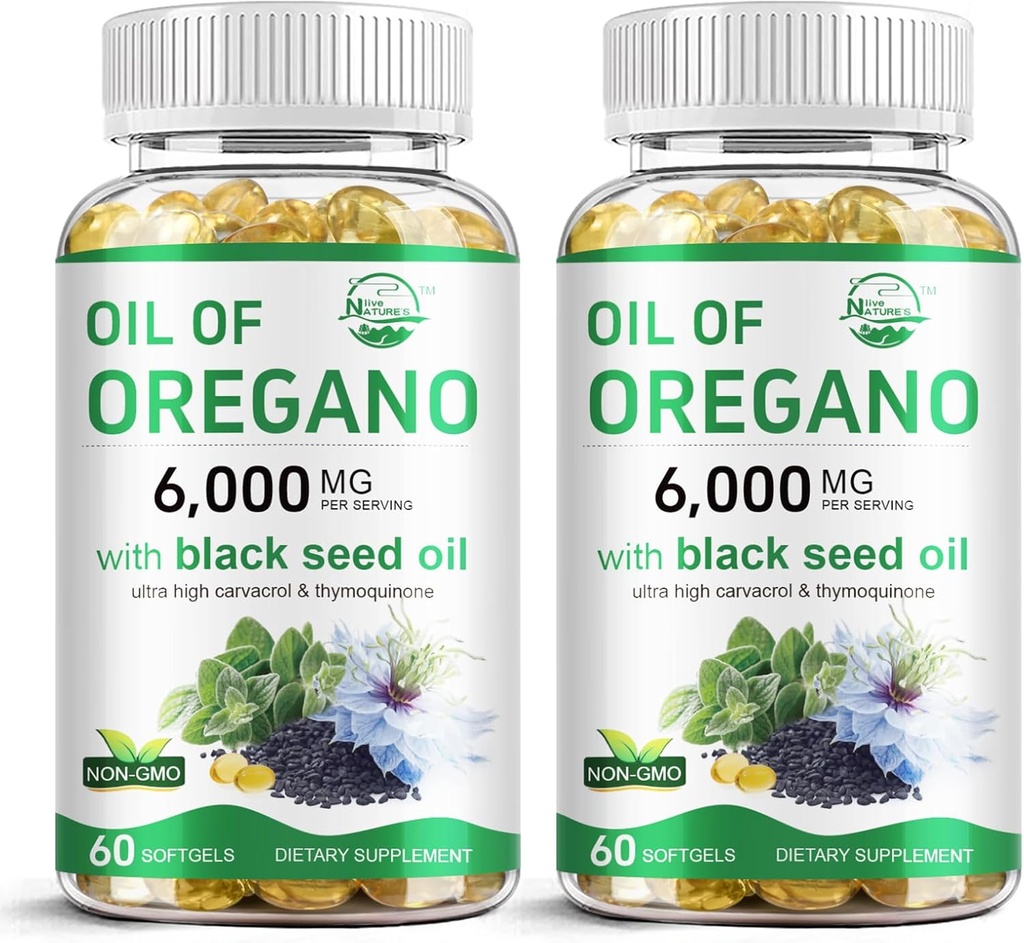 Naturens levende olje av Oregano med svart frøolje, 2 i 1 Oregano Supplement for immunhelse, holder høyt konsentrert karvakrol og tymokinon, ikke-GMO, 60 Softgels, 2 pakke