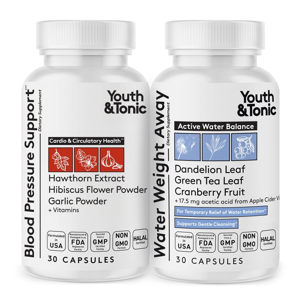 Youth & Tonic Daily Water Weight Away Pills and Blood Pressure Support Supplements/Natural Diuretics for Water Retention & BP Capsules to Maintain a Good Circulatory Health / 60 CPS for Women & Men