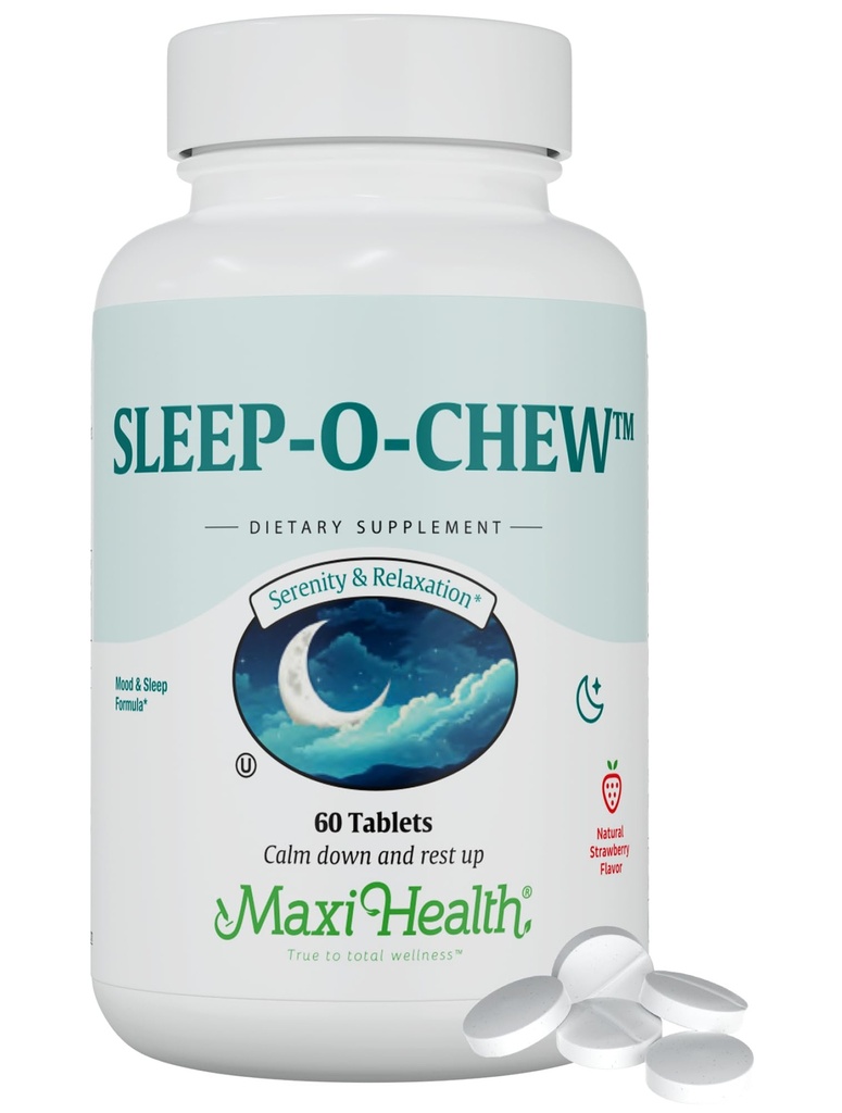Maxi Health Sleep-O-Chew Strawberry Chewable Tablets with Magnesium, Inositol, L-Tryptophan, 3mg Melatonin for Sleep Support - Non Habit Forming Sleep Aid for Adults, Kosher Sleep Supplement, 60 Count
