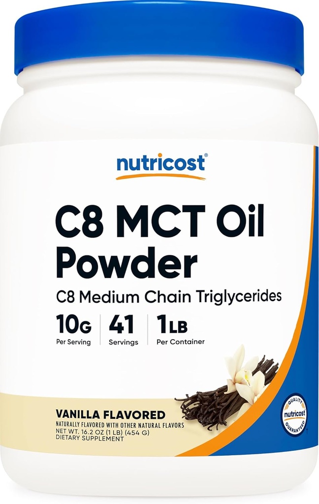 Nutricost C8 MCT Oil Toz 1LB (16oz) Vanilla Flavor - 95 C8 MCT Oil Toz, Keto Diets, Non-GMO, Gluten Pulsuz