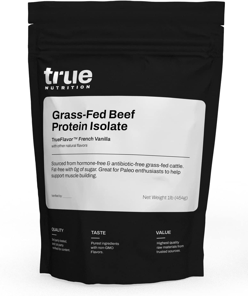 True Nutrition Grass Fed Beef Protein Powder Isolate - 29g of Paleo, Keto, Carnivore Beef Protein per Serving - Zero Carb, Fat Free, Gluteeniton, Dairy Free, Soy Free - French Vanilla - 1LB