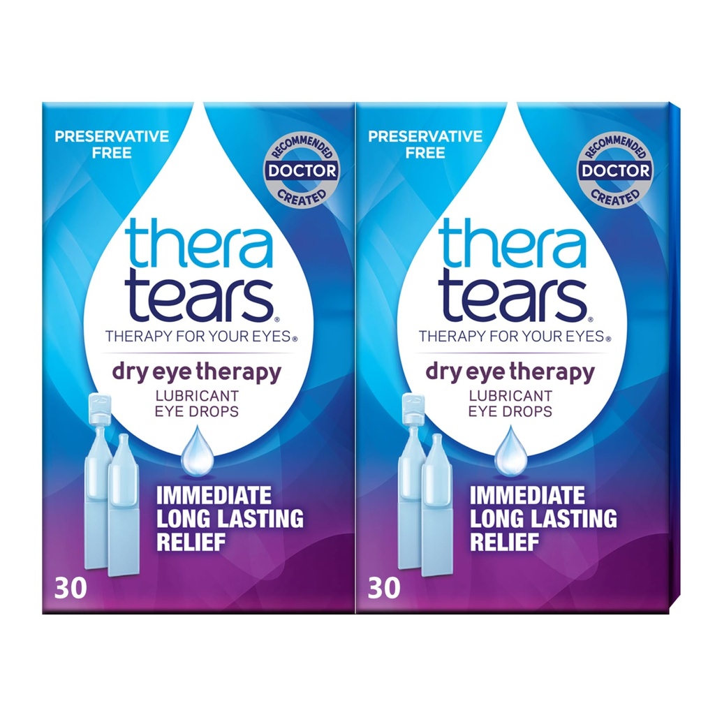 TheraTears Dry Eye Therapy Lubricating Eye Drops for Dry Eyes, Preservative Free Eye Drops, 30 Single-Use Vials (2 Pack)