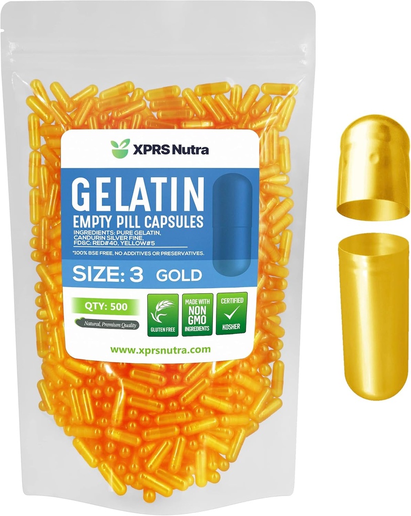 XPRS Nutra Størrelse 3 Tomme kapsler - 500 Tomme Gelatine kapsler - Piller gør det - Pure Bovin Pill Gel Caps Fyldeligt til Do- It- Yourself vitaminer og kosttilskud (Guld)