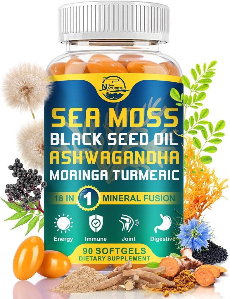 Nature's live Organic Sea Moss Softgels, with Black Seed Oil, Ashwagandha, Bladderwrack, Ginger, Brodock Root, Manuka Honey, Scorțișoară pentru Immune System, Skin, Energy, 90 Softgels, 1 Pack
