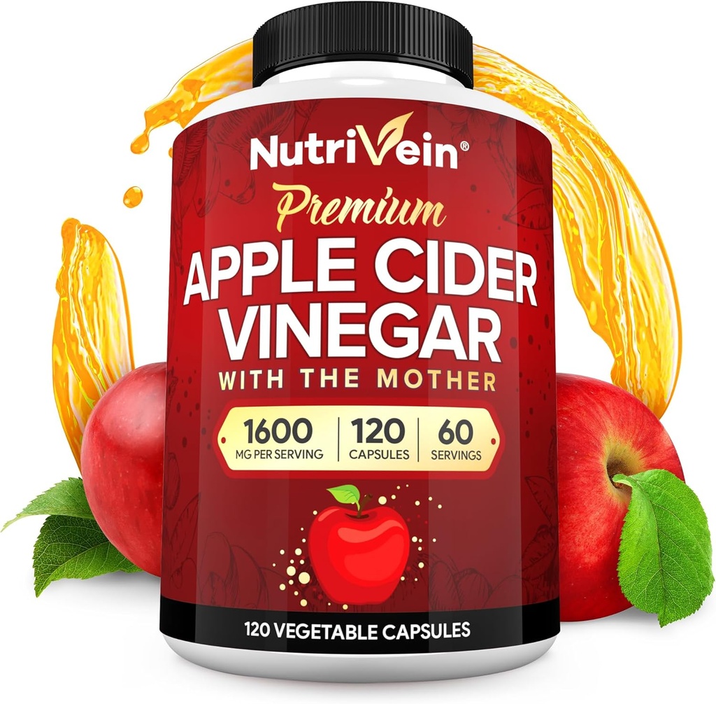 配有母亲的Nutrivein Premium Apple Cider Vinegar 补充剂 - 1600 mg - 120 Apple Cider Vinegar Capsules: ACV 消化药, Keto, 清洁剂和平衡营养
