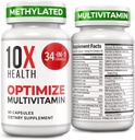 10X Health Optimize Multivitamín pre mužov - 90 kapsúl, Metylovaný multivitamín 34 v 1 Formula s 800 μg vitamínu B12, 5-MTHF, NAC - Metyl B komplex, MTHFR doplnok