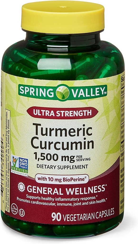Spring Health 2 Set- Spring Valley Ultra-Strength Turmeric Curcumin 1500 מ"ג 90 קפסולות + מדריך ויטמין שלך, 1.0 Count