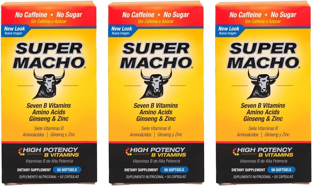 Super Macho Dietary Supplement with High Potency Zinok & 7 B Vitamíny, bez konzervačných látok, cukor alebo kofeín, Made in USA, 50 Softgels (3 balenia)