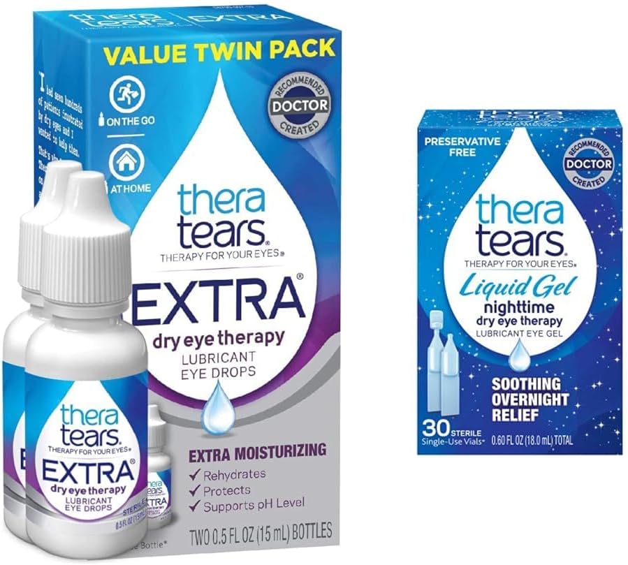 TheraTears Extra Dry Eye Therapy määrdeaine silmatilgad kuivadele silmadele, 0,5 fl oz pudel, 2 Count (1. pakk) & Vedel geel Öösel määrivad silmatilgad kuivadele silmadele, ühekordse kasutusega viaalid, 30 loend