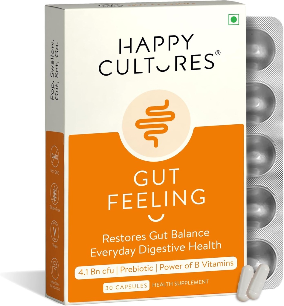 תרבויות מאושרות Gut Feeling Digest תוספת של תערובת ייחודית של פרוביוטיקה עבור Daily Digestive בריאות B-Vitamins Gut בריאות תוספת עבור Bloating, IBS, Digested קלינית נבדק - 30 Veg כמוסות