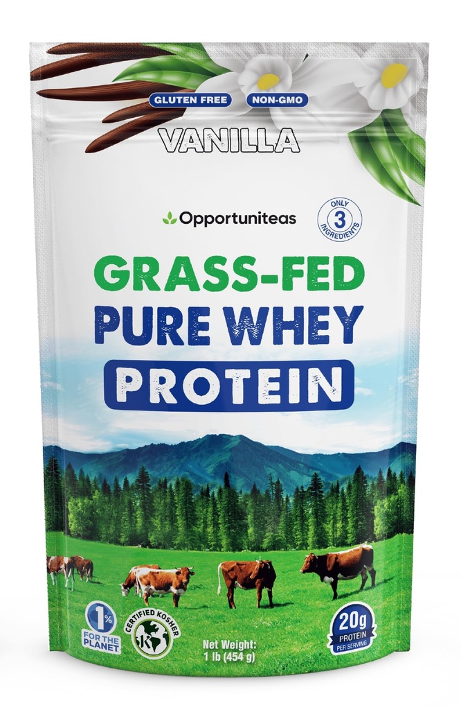 Opportuniteas Grass Fed Whey Protein Powder Concentrate - Vanilla - Pure Protein Supplement - Non GMO, Hormone Free & Gluten Free - 1lb
