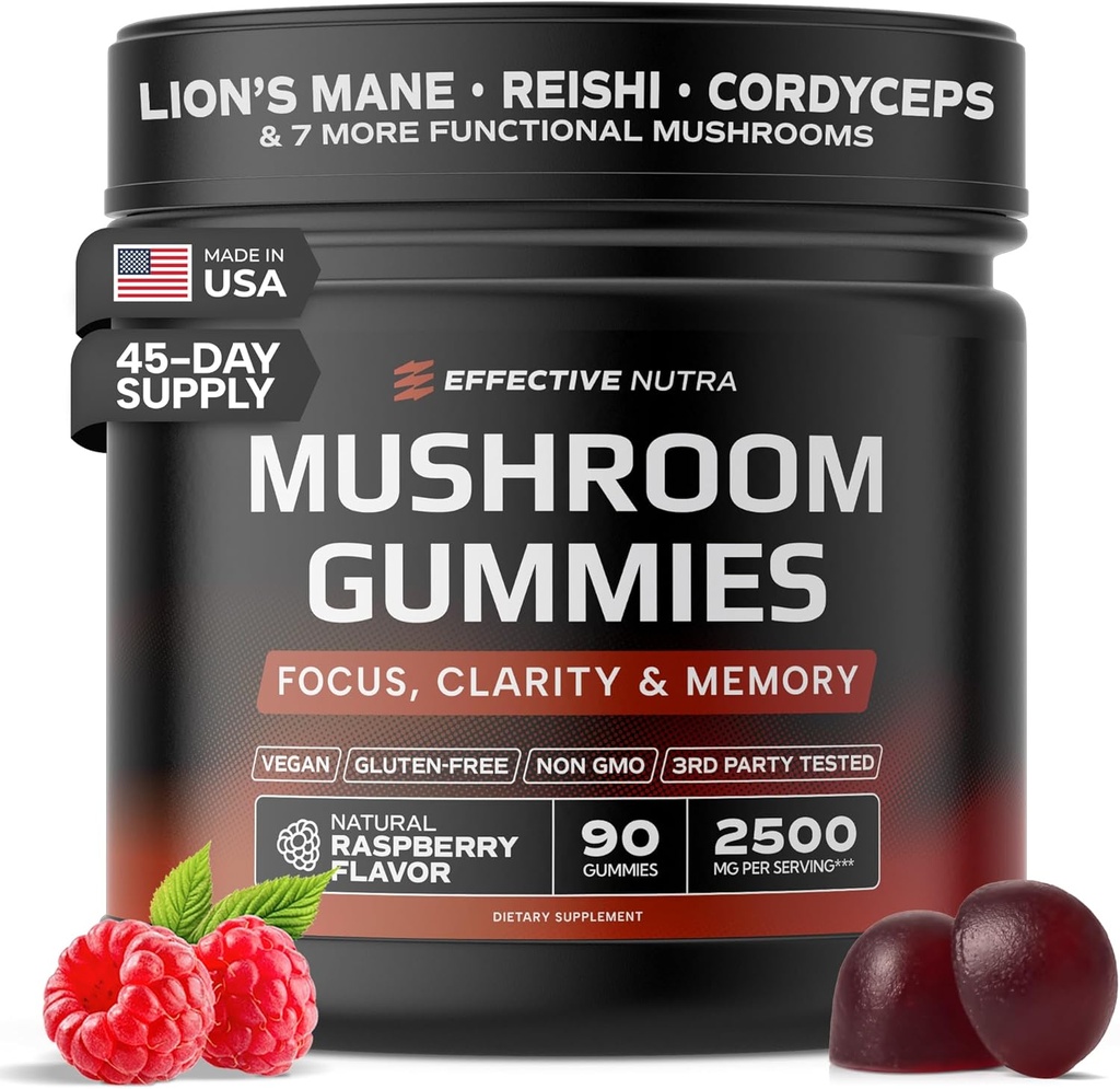 Efectiva Nutra Mushroom Gummies 2500mg - 10in1 Lion’s Mane, Reishi, Chaga, Cordyceps &amp; Más - Focus, Clarity, Memory, Immunity, Energy - Natural Raspberry Flavor, Vegan, Made in USA (90 Conde)