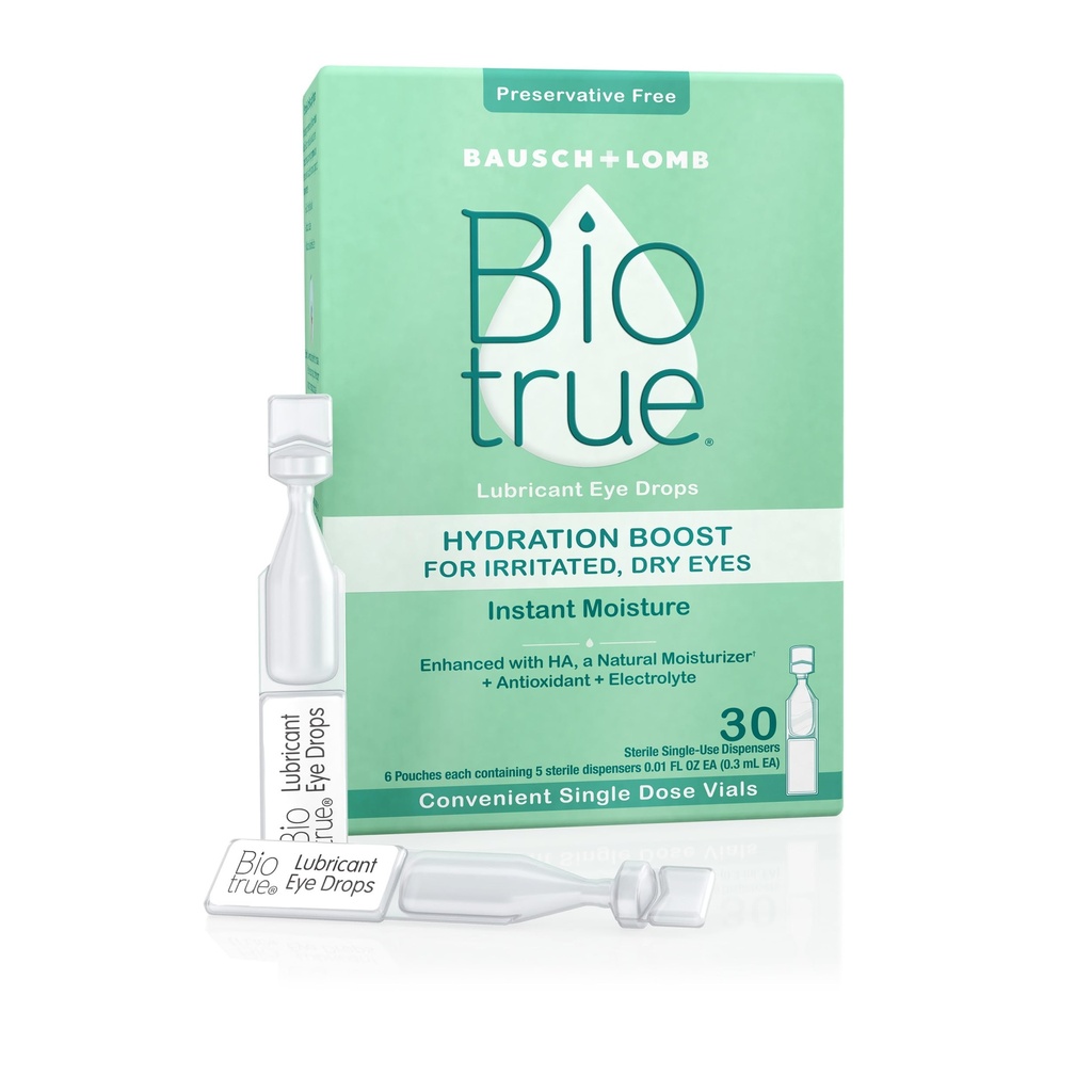Biotrue Hydration Boost Preservative-Free Eye Drops, 30 Single Use Vials | Single-use vials, contact lens friendly, lubricates, relieves irritation, preservative-free, 30 count
