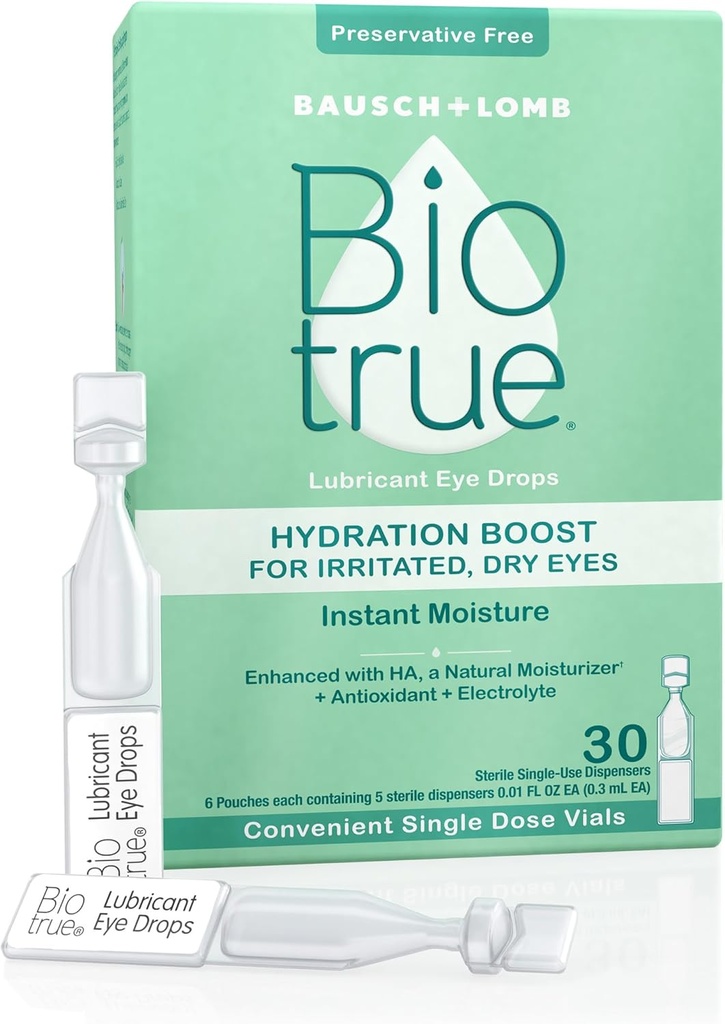 Biotrue Hydration Boost, Preservative-Free Eye Drops for Dry Eyes, Idrata istantaneamente, Rehydrates, Contatto Lens amichevole, Refresh & Relieve Eye Irritation, 30 Vials Single-Use (Pack of 1)