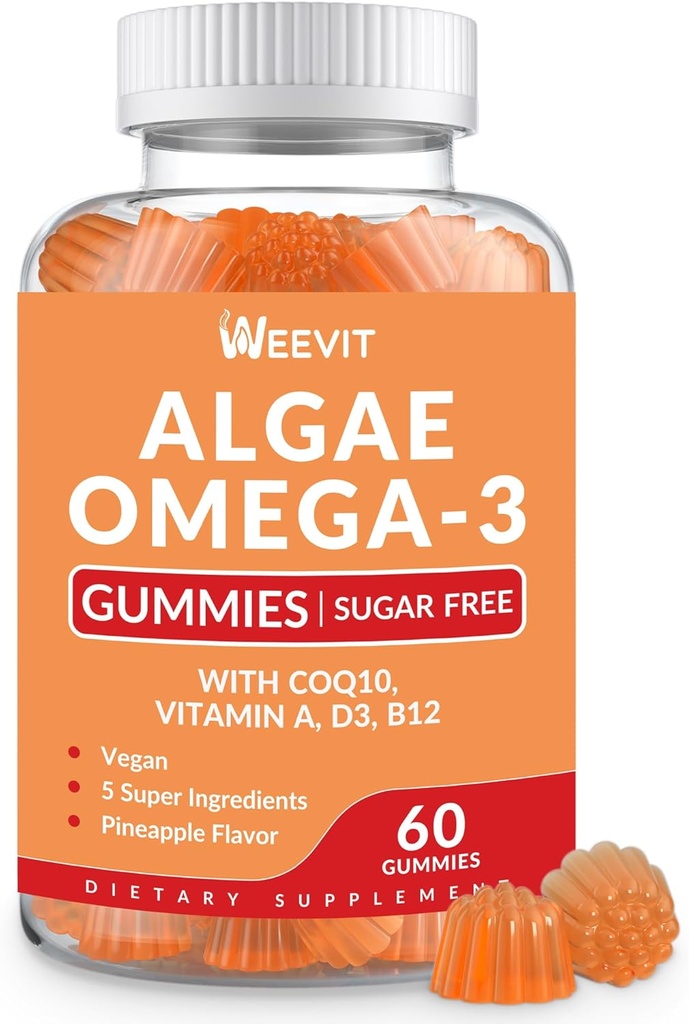 Цукор Free Omega 3 Gummies, Algae Omega 3 Supplement для дорослих,Omega 3 DHA 240mg, EPA 110mg w/Vitamin B12,CoQ10