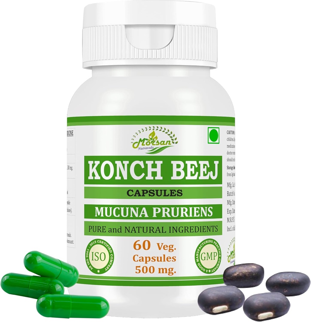 Kaunch MUCUNA PRURIENS Konch Beej, Kaunch Beej Extract Cápsulas □ Maior potência, 100% produto de ervas □ Embalagem de 60 X 500 mg. Veg. Cápsulas (Pacote de 1 jar)
