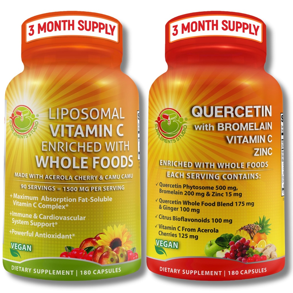 Quercetin with Bromelain, Vitamin C & Zinc + Liposomal Vitamin C 1500mg – Immune Support Bundle with Organic Acerola Cherry, Camu Camu & Citrus Bioflavanoids – Vegan, Non-GMO, Clean Wellness Support