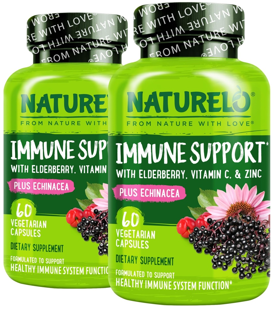 NATURELO Immune Support – Vitamin C, Elderberry, Zinc, Echinacea – Natural Immunity Boost w/Antioxidant, Herbal & Mineral Defense - 60 Vegan Capsules (Pack of 2)