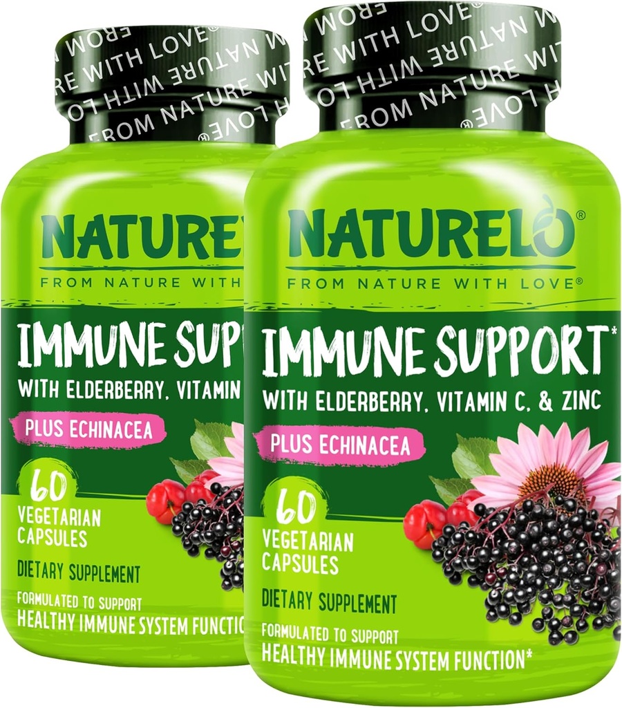 NATURELO Immune Support Vitamine C, Vlierbes, Zink, Echinacea Natural Immunity Boost w/Antioxidant, Herbal & Mineral Defense - 60 Vegan Capsules (pakket van 2)