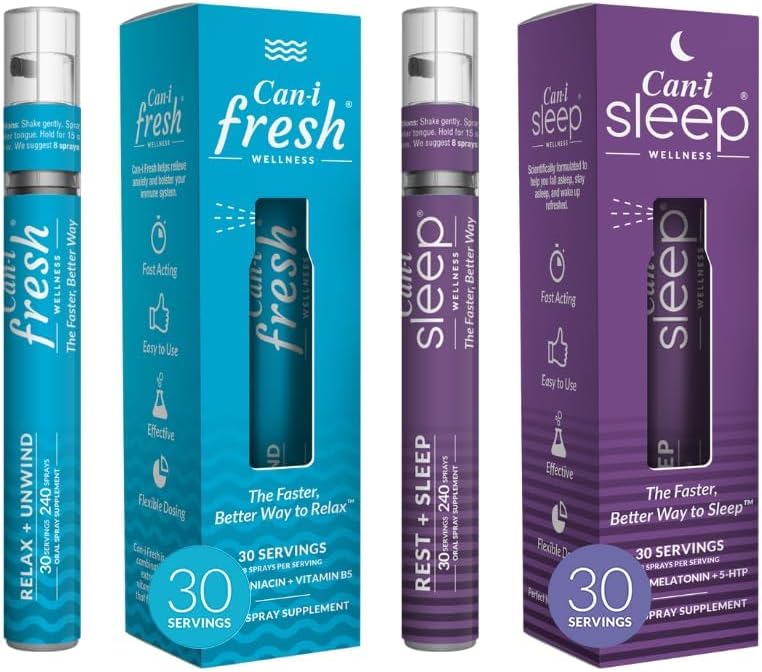 Can-I Wellness Natural Sleep Aid och Calming Vitamin Spray Bundle - Vegan Supplement med Melatonin, GABA, 5-HTP & L-Theanin - Fast-Acting Oral Spray för hälsosam stresshantering och humörsupport