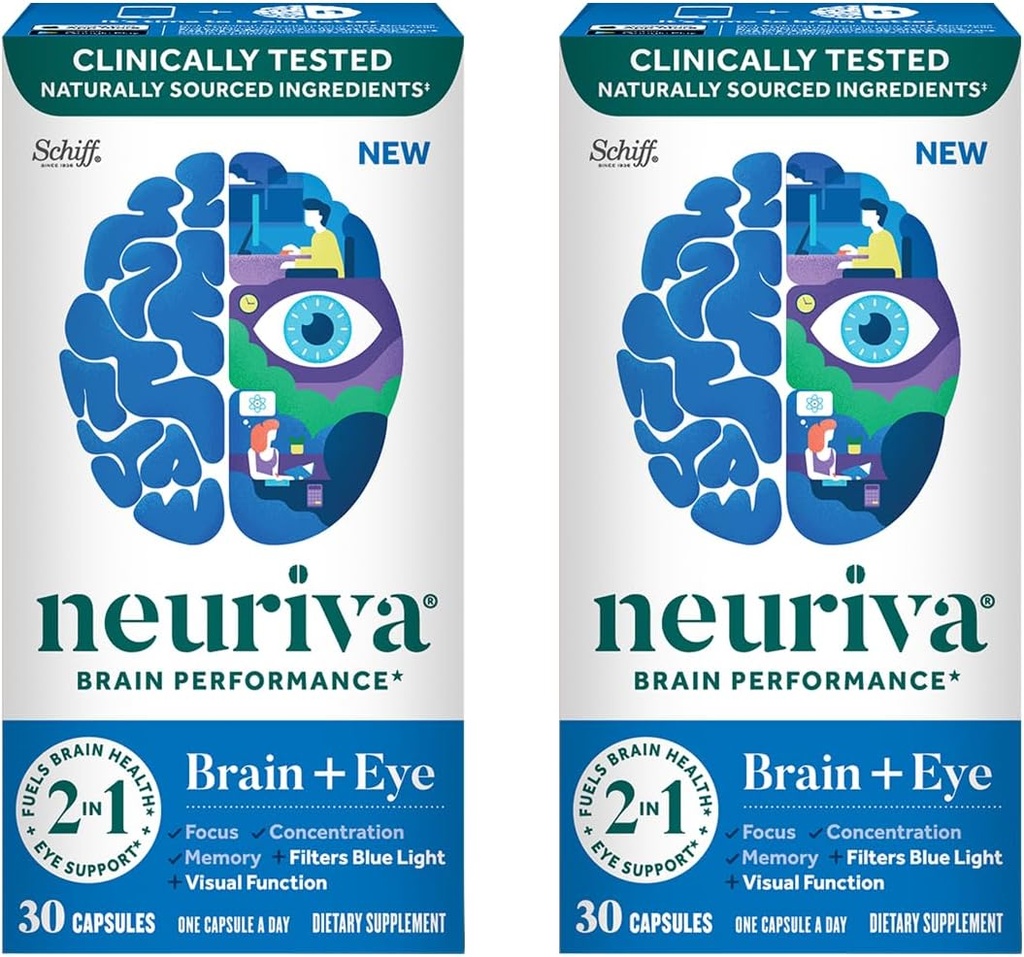 NEURIVA Brain + Eye Supplemento per Memoria, Focus & Concentrazione con Luteina clinicamente testata e Zeaxanthin, Vitamine A C & E + Zinc per la salute degli occhi & Filtro Blu Luce 30 Conta capsule (2 Confezione)