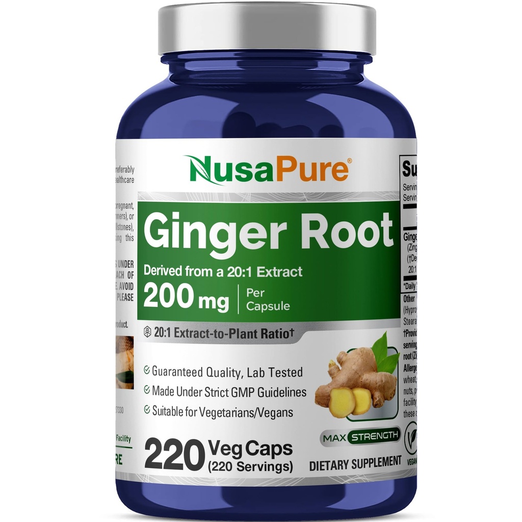 NusaPure Ginger Root Capsules, 200 mg, 220 Veg Capsules (Non-GMO, Vegan)