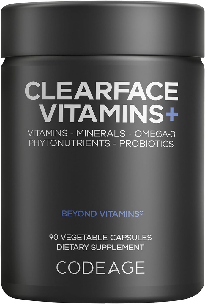 Kodeasje Clearface Pantotenic Acid, Niacin Supplement, vitaminer A, C, D3, E, Probiotika, Sink, Riboflavin, Thiamin, L-Lysine HCL & Omega-3, Niacinamid, Hud Botanisk blanding - Ikke-GMO - 90 Kapsler