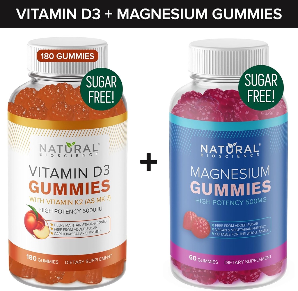 Sukkerfri vitamin D3 K2 Gummies (180 Gummies) og sukkerfri ekstra styrke Magnesium Gummies (60 Gummies), vitamin D3 Gummies 5000 IU + K2 MK7 80 mhg, magnesium Citrat Gummies 500 mg