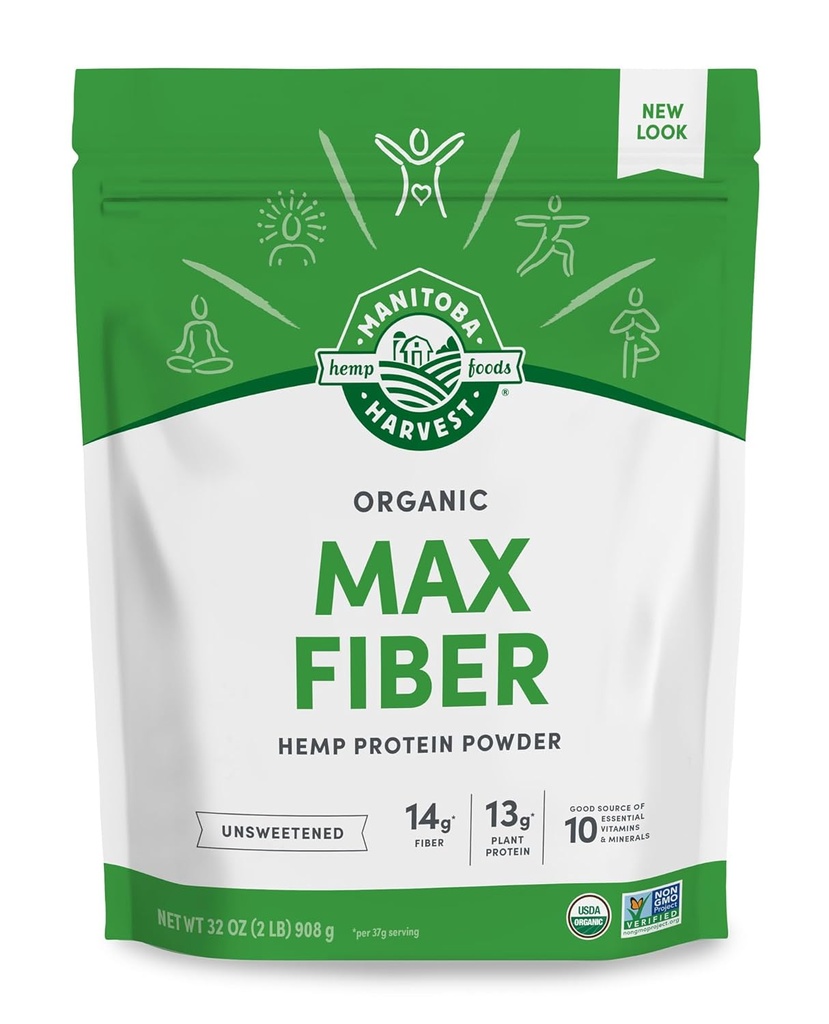 Manitoba Harvest Hemp Bai Organikoa Max Fiber Protein Powder, Unsweetened, 32oz, 13g zuntz, 13g Protein eta 2.5g Omegas 3&6 zerbitzari bakoitzeko, Keto-Friendly, Preservative Free, Packaging May Vary