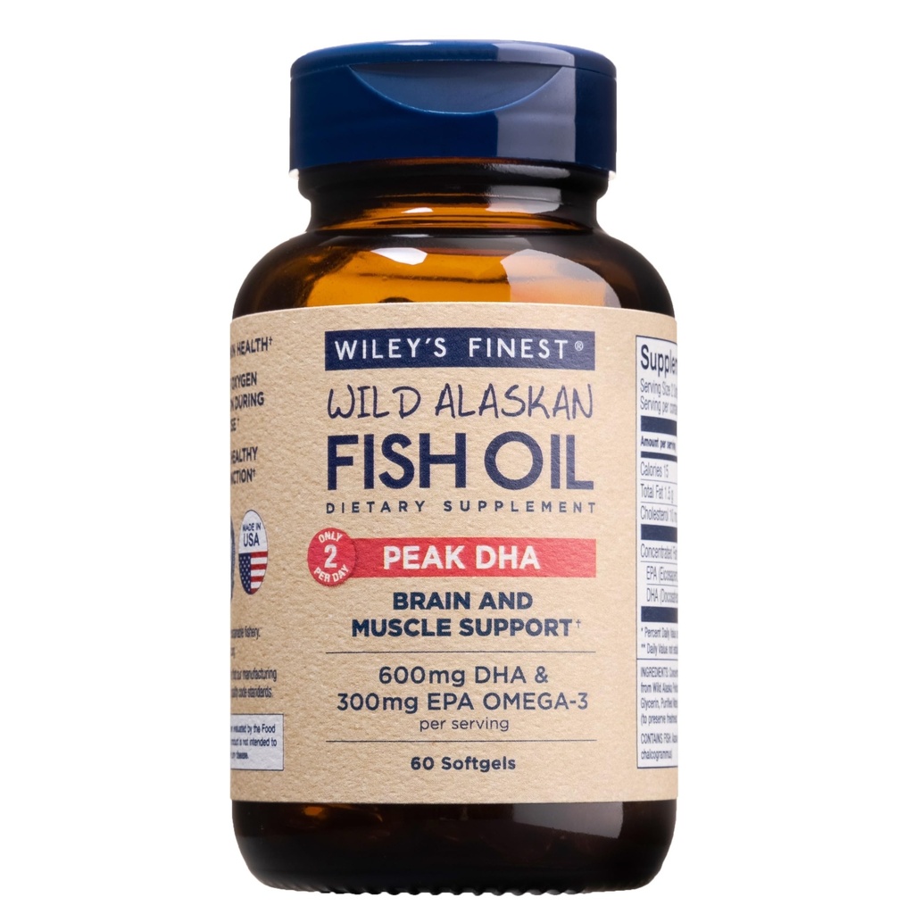 Wiley's Finest Wild Alaskan Fish Oil Peak DHA - 900mg EPA and DHA Omega-3s - 60 Softgels (30 Servings)