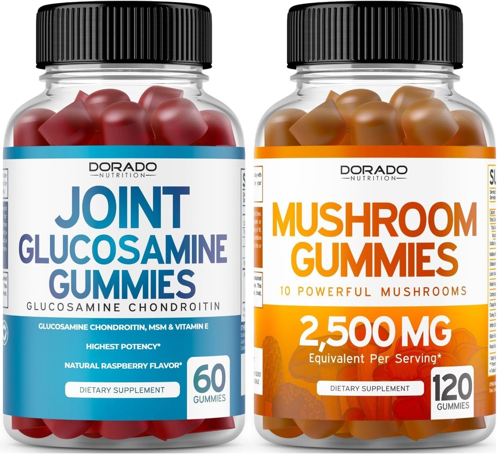 Suplemen Bersama Glucosamin Chondroitin (60 Count) untuk Pria & Perempuan - Raspberry Flavor dan Mushroom Delicious 10 dalam 1 Blend (120 Gummies) Fokus & Mashroom Suplemen - Vegan & USA Dibuat