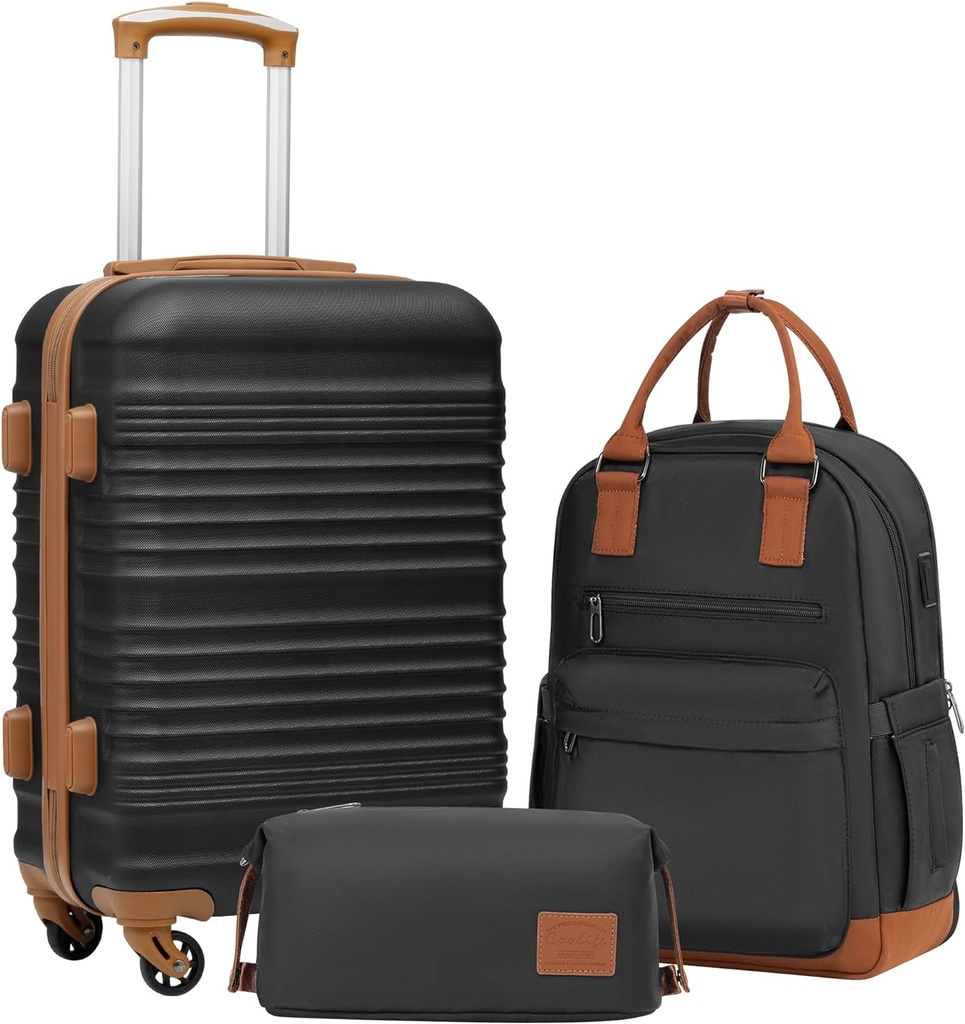 Coolife Bagageset 3 stuks Bagageset Carry On Suitcase Hardside Bagage met TSA Lock Spinner Wheels(Zwart, 3 stuks set (BP/TB/20))