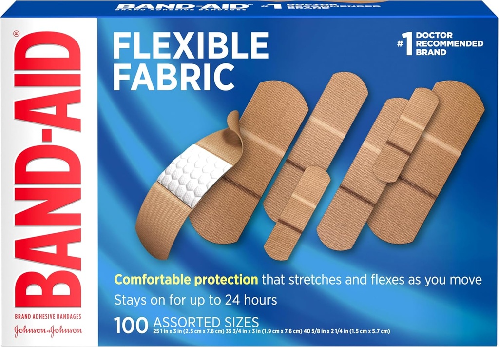 Band-Aid Flexible Fabric Adhesive Obvazy pro péči o zranění a první pomoc, Tříděné velikosti, 100 ct