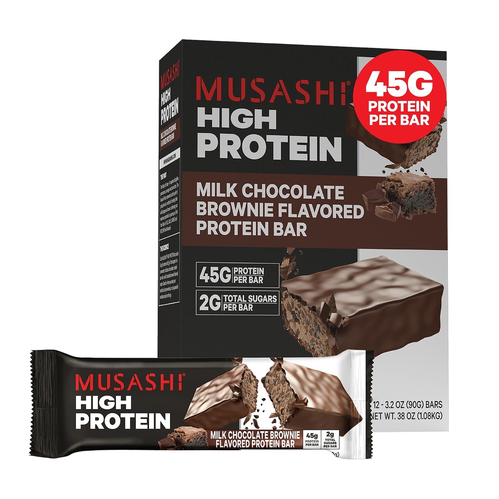MUSASHI High Protein Bar, 45g Protein, 2g Total Sugars, Milk Chocolate Brownie, Post Workout e Protein Snack On The Go, 12 Pack of 3.2oz (90g) Bar